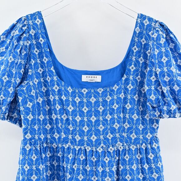 RHODE X TARGET Dress Sz S Blue Embroidered Eyelet Floral Cotton Puff Sleeve Mini - Picture 3 of 12